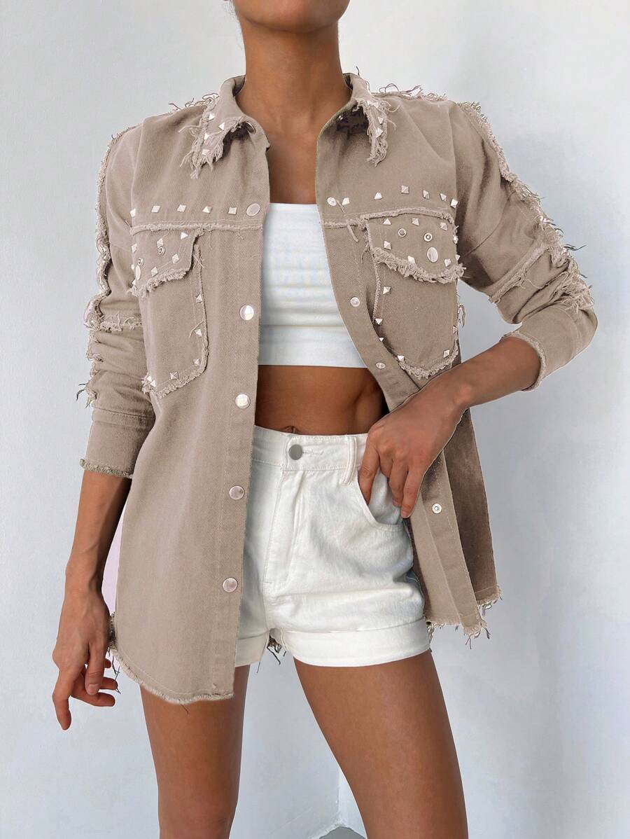 Cottnline Studded Frayed Denim Jacket - Beige - View 1