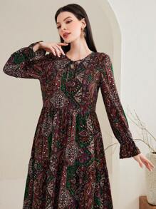 Mulvari Tie-Neck Paisley Modest Long Sleeve Dress - Coffee Brown - View 6