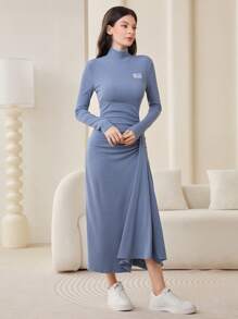 Mulvari 字母拼接細節聚集側裙洋裝 - 藍色 - 查看 4