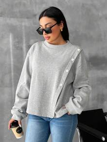 RueChic Áo nỉ vai trễ bất đối xứng cỡ lớn bằng cotton dành cho nữ - Xám - Xem 4
