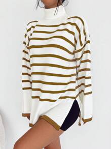 SHEIN Cottnline سويتر النساء ذو الرقبة العالية المخطط والكتف المنخفض مع شق أمامي في الحافة - بيج - مشاهدة 4