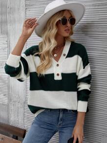 SHEIN LUNE Áo cardigan dệt kim nữ hai tông màu kẻ sọc, vai rớt, cài nửa khuy, thích hợp cho mùa thu đông. - Màu xanh lá cây đậm - Xem 4