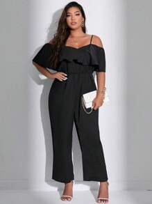 Celure Plus Size Solid Color Ruffled Hem Jumpsuit With Drawstring Waist - Black - View 3