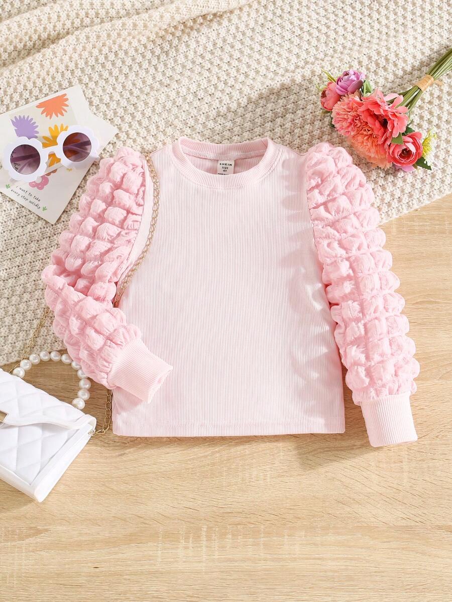 SHEIN 少女泡泡袖條紋t恤