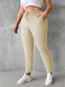 SHEIN Cottnline Solid Color Drawstring Plus Size Sweatpants - Apricot - View 1