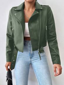 SHEIN Women's Collared Zipper Front Jacket - Green - View 5