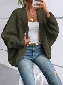 SHEIN LUNE Ladies Fuzzy Solid Color Jacket - Dark Green - View 6