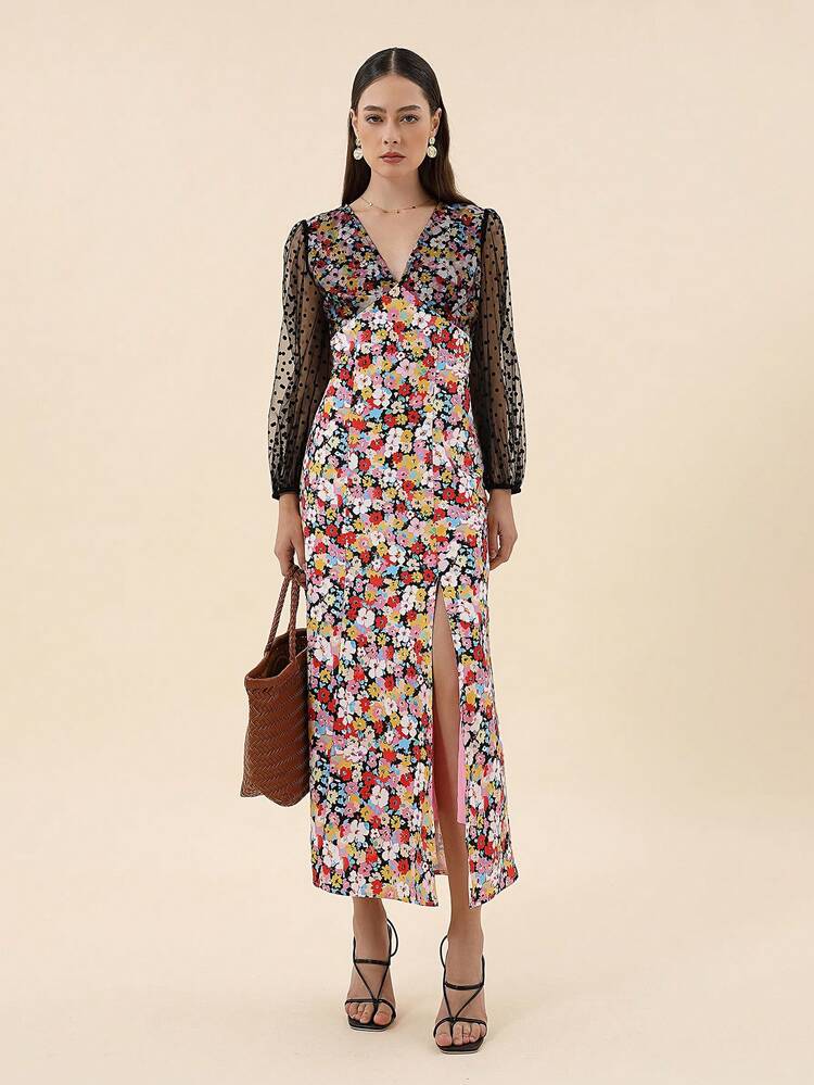 Floral Print Contrast Mesh Lantern Sleeve Split Thigh Dress