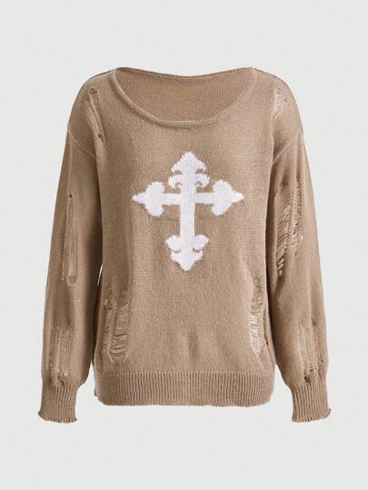 Grunge Punk Cross Pattern Distressed Sweater