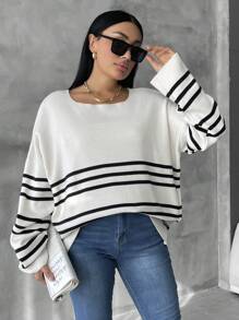 SHEIN Cottnline Kích thước lớn Sọc Thả vai Áo len - Màu be - Xem 1