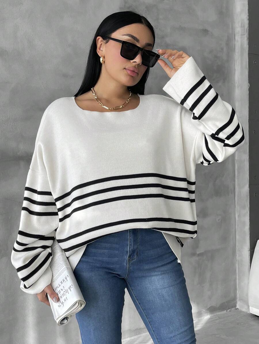 SHEIN Cottnline Kích thước lớn Sọc Thả vai Áo len - Màu be - Xem 1