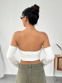 SHEIN EZwear 露肩泰迪短袖上衣 - 白色 - 查看 2