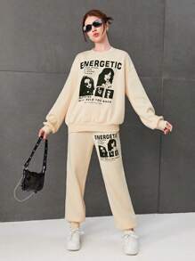 SHEIN 青少年女孩字母圖案落肩保暖襯裡套頭衫和運動褲