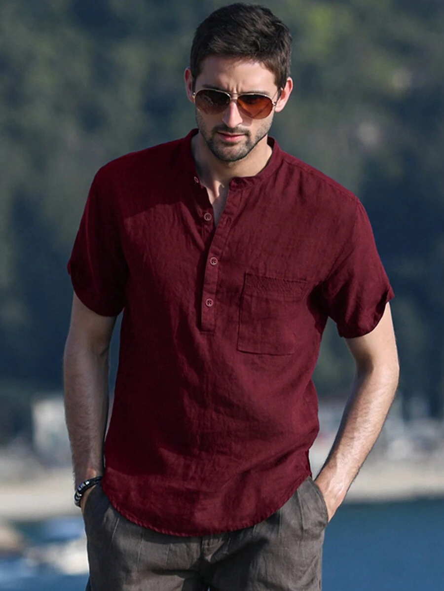 NITAGUT Áo thun polo tay ngắn màu trơn cho nam - Màu Đỏ Sâu - Xem 1