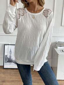 SHEIN LUNE Lace Patchwork Raglan Sleeve Sweatshirt - White - View 1