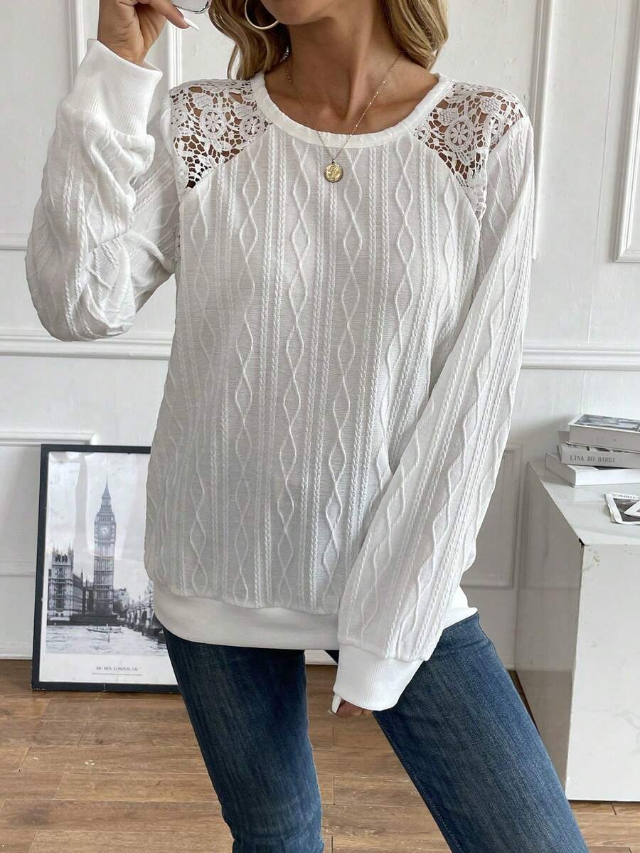 SHEIN LUNE Lace Patchwork Raglan Sleeve Sweatshirt - White - View 1