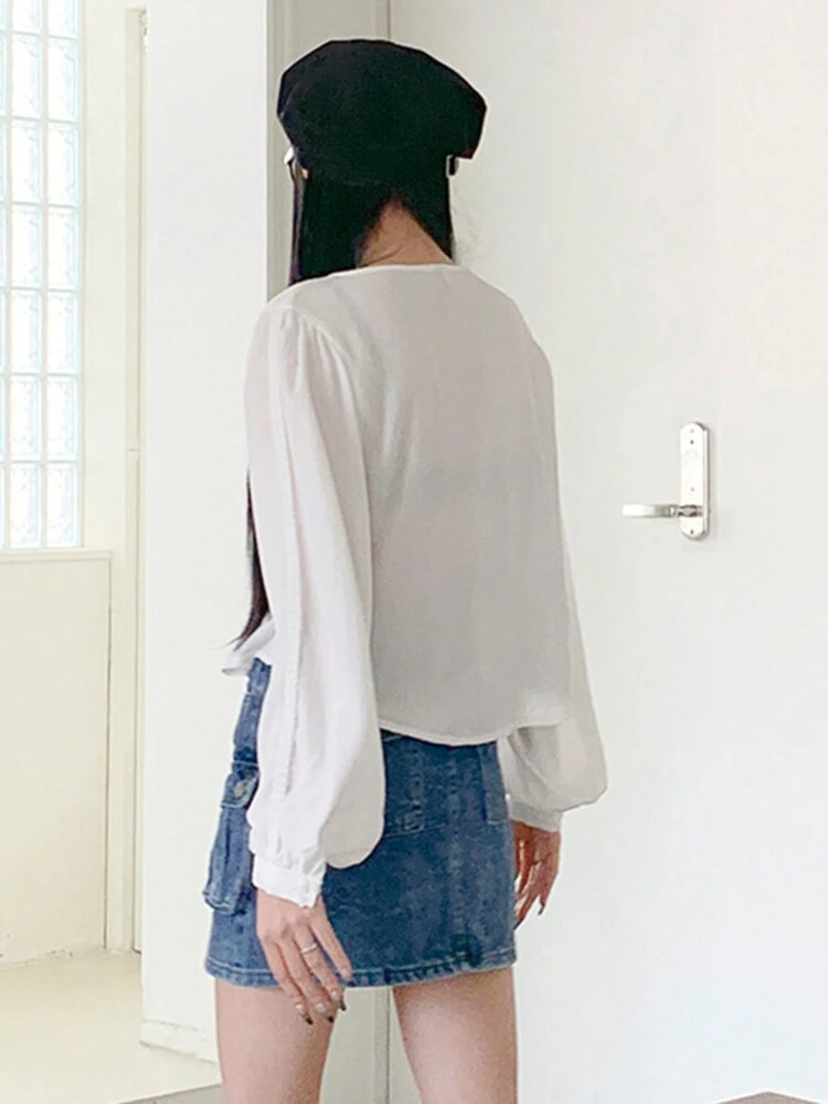 Women's Solid Color Round Neck Button Down Long Sleeve Shirt