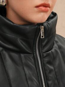 Anewsta Zip Up PU Leather Padded Coat - Black - View 7