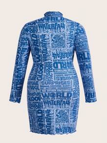 Willy Wonka and the Chocolate Factory X SHEIN Plus Funnel Neck Long Sleeve Dress With Alphabet Print