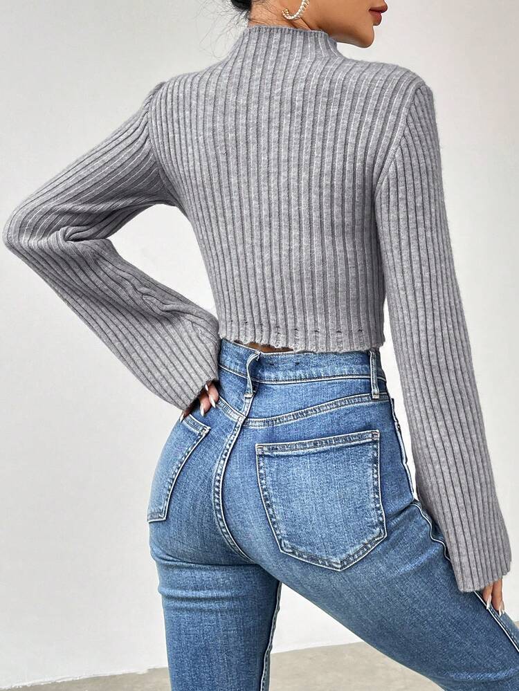 Stand Collar Flare Sleeves Short Knit Pullover Fall Winter Sweater