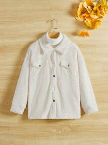 SHEIN Cô gái Lỏng lẻo Màu thuần Tính hai mặt Lông cừu Áo sơ mi Áo khoác , 1 Miếng - Màu be - Xem 4