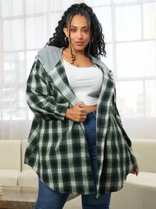 SHEIN CURVE+ Plus Plaid Print Drawstring Hooded Coat - Multicolor - View 1