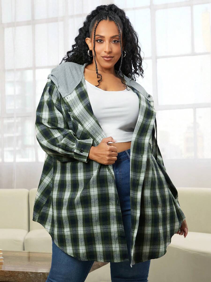 SHEIN CURVE+ Plus Plaid Print Drawstring Hooded Coat - Multicolor - View 1