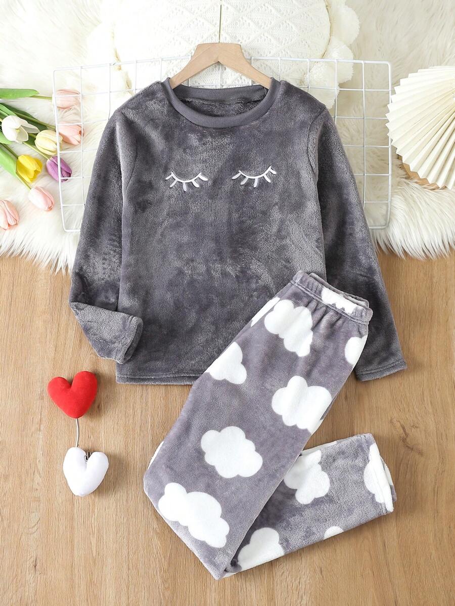 少女睫毛刺繡法蘭絨上衣和雲朵印花褲子睡衣套裝 - 灰色 - 查看 1
