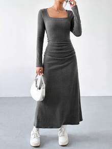 SHEIN EZwear 方領褶皺連身裙 - 灰色 - 查看 6