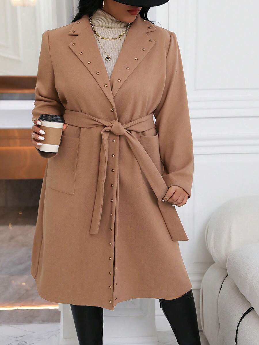 Calvaya Kích thước lớn Đinh tán Thiết kế Thắt lưng Len áo - Màu Khaki - Xem 1