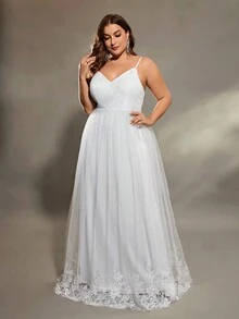 花邊和網眼拼接刺繡a字婚紗,甜心領和細肩帶設計 - 白色 - 查看 5