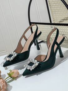 時尚女性高跟鞋尖頭涼鞋帶水鑽裝飾用品 - 墨綠色 - 查看 2