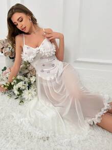 花卉圖案荷葉邊網紗吊帶睡裙,不附內褲 - 白色 - 查看 1