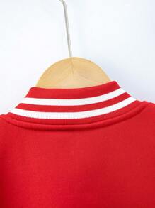 SHEIN Chaqueta Estilo Béisbol Para Niñas Entre 8 Y 12 Años, Con Bloques De Color Rojo Y Gris Y Mangas De Peluche - Rojo - Ver 8