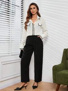 GENKIRA Tương phản Màu sắc Edging Tay áo dài Áo sơ mi - Màu be - Xem 4