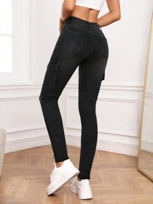 SHEIN Tall Flap Pocket Side Cargo Jeans - Black - View 2