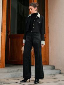 Anewsta Cổ áo tương phản Chi tiết về Flap Áo khoác - màu đen - Xem 3