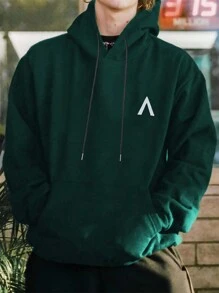 Manfinity Men Plus Drop Shoulder Print Drawstring Hoodie - Green - View 3