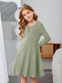 SHEIN Đầm thường ngày dệt kim cổ tròn màu trơn cho cô gái tuổi teen, tay dài, mùa thu đông - Màu xanh Bạc hà - Xem 5