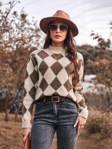 SHEIN Clasi Suéter De Cuello Alto Con Estampado De Rombos Para Mujer - Multicolor - Ver 4