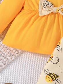 Baby Girl Ruffle Sleeve Bow Bee Printed Long Sleeve Top & Pants 2-Piece Set, Spring & Autumn - Yellow - View 9