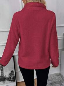 SHEIN LUNE Solid Color Kangaroo Pocket Zipper Half Open Plush Sweatshirt - Burgundy - View 2