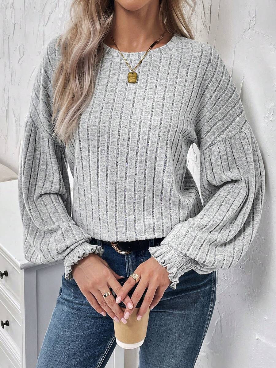 SHEIN LUNE 素色圓領燈籠袖T恤 - 灰色 - 查看 1