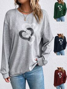 SHEIN LUNE Plus Size Sweatshirt With Heart Pattern Graduation,Back To School Outfits,Graduation,Teacher Outfits For Women,Back To School Pullover Fall Outfit Winter Autumn - Grey - View 1