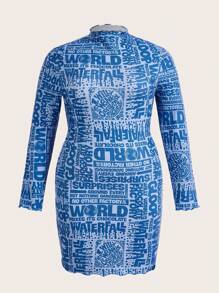 Willy Wonka and the Chocolate Factory X SHEIN Plus Funnel Neck Long Sleeve Dress With Alphabet Print