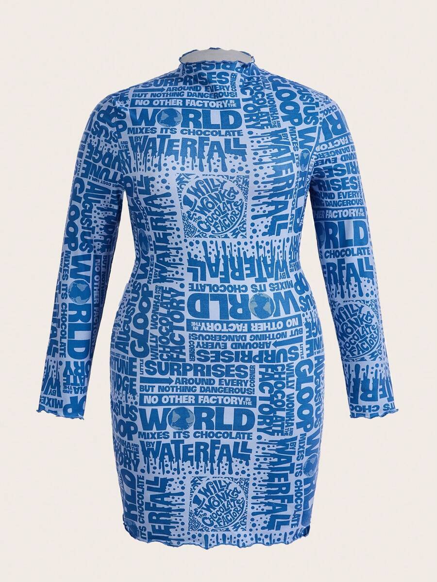 Willy Wonka and the Chocolate Factory X SHEIN Plus Funnel Neck Long Sleeve Dress With Alphabet Print