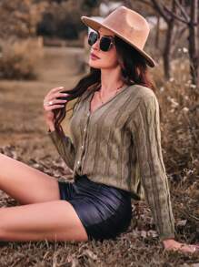 Aveloria Women's Long Sleeve Cable Knitted Cardigan With Button Front Fall Cloth For Women - Khaki - View 3