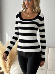 SHEIN LUNE Của phụ nữ Sọc Cổ vuông Thon gọn Áo len - Đen và trắng - Xem 3