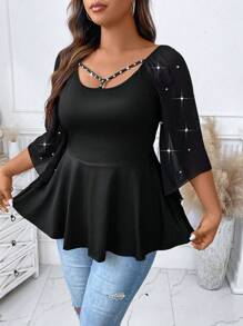 SHEIN Clasi Top De Talla Grande Con Mangas Acampanadas Y Cinturón En La Cintura