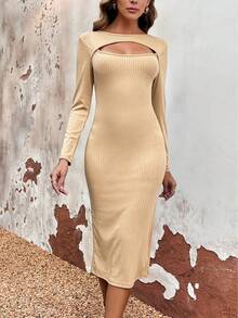 SHEIN Essnce Của phụ nữ Màu thuần Xu hướng: Cắt giảm Khe Đầm - Màu be - Xem 4